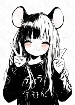 Adorable Anime Mouse Girl Peace Sign - Premium Wooden Framed Poster. Ready to Hang.