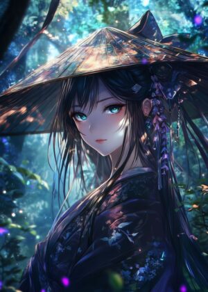 Enchanted Anime Girl in Traditional Kimono - Premium Wooden Framed Poster. Ready to Hang.