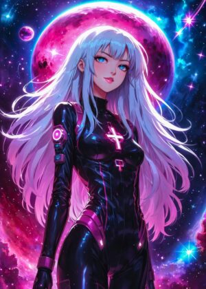 Cosmic Beauty: Anime Girl in Space - Premium Wooden Framed Poster. Ready to Hang.