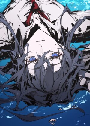 Anime Girl Submerged in Blue Waters - Premium Wooden Framed Poster. Ready to Hang.