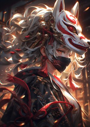 Anime Samurai Maiden: Digital Art Print - Premium Wooden Framed Poster. Ready to Hang.