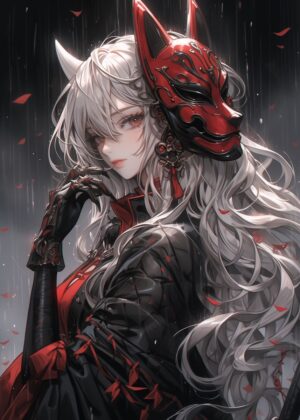Kitsune Mask Samurai Assassin Girl: Anime Art Print - Premium Wooden Framed Poster. Ready to Hang.