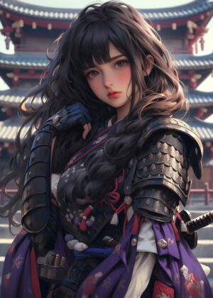Elegant Samurai Girl Anime Art Print - Premium Wooden Framed Poster. Ready to Hang.