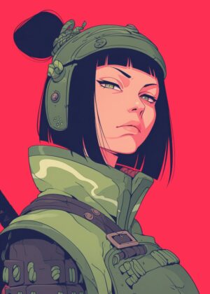 Green-Eyed Warrior: Anime-Inspired Art Print - Premium Wooden Framed Poster. Ready to Hang.