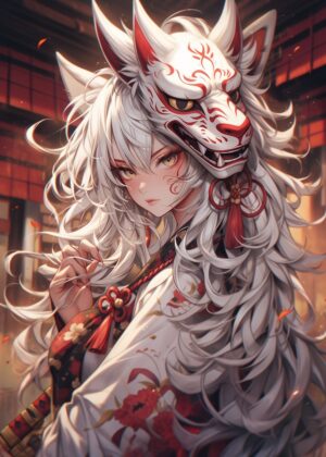 Cute Kitsune Mask Siren Anime Art Print - Premium Wooden Framed Poster. Ready to Hang.