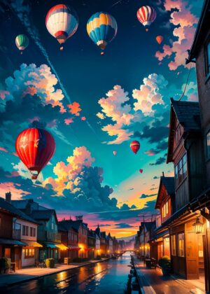Hot Air Balloons Over a Charming Town at Sunset - Premium Wooden Framed Poster. Ready to Hang.