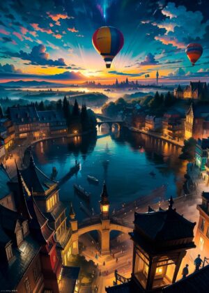 Enchanting Fantasy Cityscape at Sunset with Hot Air Balloons - Premium Wooden Framed Poster. Ready to Hang.