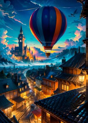 Fantasy Cityscape at Dusk with Hot Air Balloon - Premium Wooden Framed Poster. Ready to Hang.