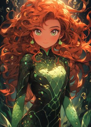Sea World Anime Girl: Underwater Fantasy Art Print - Premium Wooden Framed Poster. Ready to Hang.