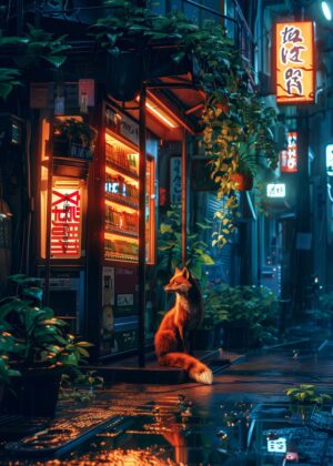 Neon Rain: A Fox in the City - Premium Wooden Framed Poster. Ready to Hang.
