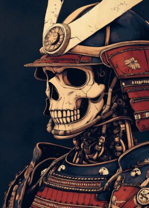 Samurai Skull: A Fusion of Tradition and Technology - Premium Wooden Framed Poster. Ready to Hang.