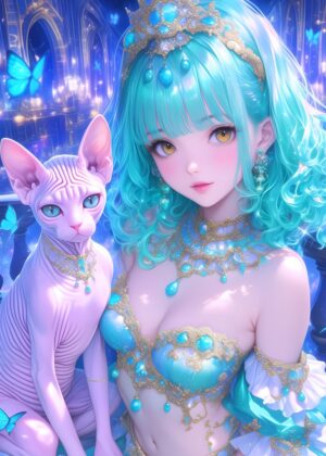 Fantasy Anime Girl and Sphynx Cat Art Print - Premium Wooden Framed Poster. Ready to Hang.