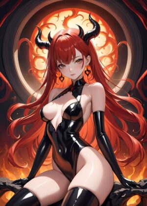 Fiery Anime Demon Girl Art Print - Premium Wooden Framed Poster. Ready to Hang.
