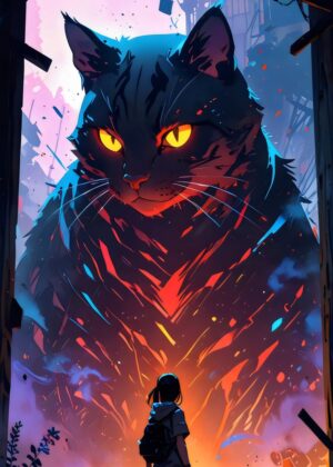 Giant Cat and Girl: A Post-Apocalyptic Encounter - Premium Wooden Framed Poster. Ready to Hang.
