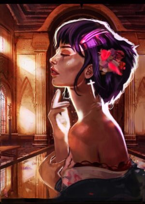 Old Desire: A Digital Painting of a Woman in a Ruined Cathedral - Premium Wooden Framed Poster. Ready to Hang.