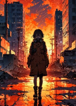Post-Apocalyptic Cityscape: A Girl in a Gas Mask - Premium Wooden Framed Poster. Ready to Hang.