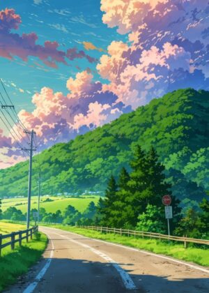 Serene Country Road: Vibrant Summer Landscape Art Print - Premium Wooden Framed Poster. Ready to Hang.