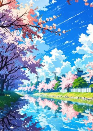 Serene Cherry Blossom River Scene - Premium Wooden Framed Poster. Ready to Hang.