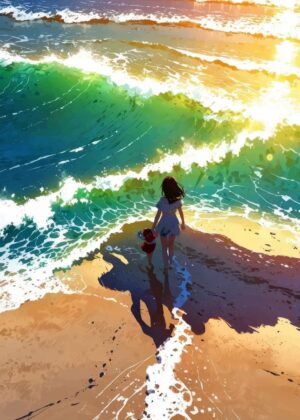 Mother and Daughter Beach Sunset - Premium Wooden Framed Poster. Ready to Hang.