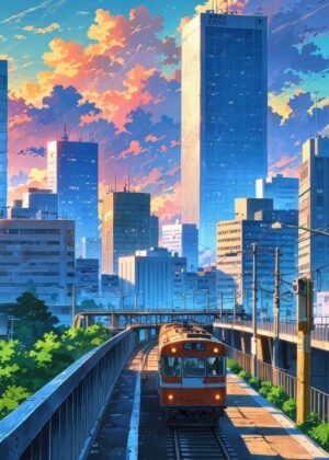 Anime Cityscape Train at Sunset - Premium Wooden Framed Poster. Ready to Hang.