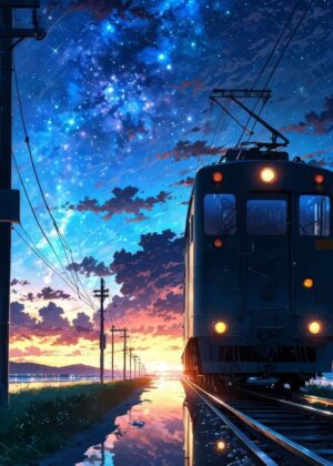 Train Under Starry Sky: A Dreamy Night Scene - Premium Wooden Framed Poster. Ready to Hang.