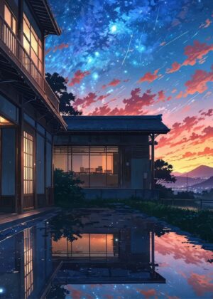 Serene Japanese House Under a Starry Night Sky - Premium Wooden Framed Poster. Ready to Hang.