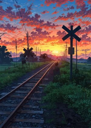 Sunset Train Tracks: A Journey Through Golden Hues - Premium Wooden Framed Poster. Ready to Hang.