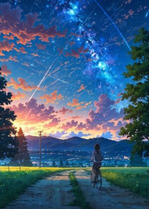 Anime Night Sky Bike Ride: A Serene Escape - Premium Wooden Framed Poster. Ready to Hang.
