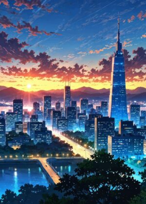 Cityscape Sunset: Vibrant Urban Panorama at Golden Hour - Premium Wooden Framed Poster. Ready to Hang.
