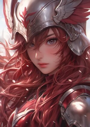Fiery Valkyrie: Red-Haired Warrior Woman Art Print - Premium Wooden Framed Poster. Ready to Hang.