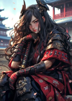 Elegant Samurai Woman with Katana - Premium Wooden Framed Poster. Ready to Hang.