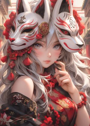 Cute Samurai Assassin Siren: Digital Art Print - Premium Wooden Framed Poster. Ready to Hang.