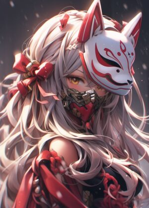 Cute Samurai Ninja Maiden Anime Art Print - Premium Wooden Framed Poster. Ready to Hang.