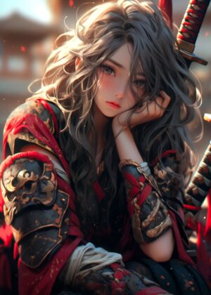 Anime Samurai Warrior Girl Art Print - Premium Wooden Framed Poster. Ready to Hang.