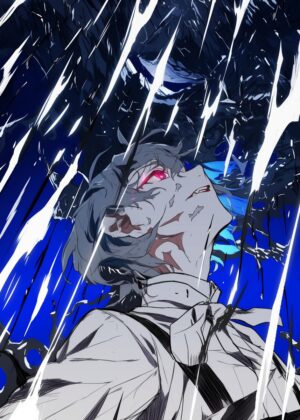 Anime Character in Rain: Dynamic Digital Artwork - Premium Wooden Framed Poster. Ready to Hang.