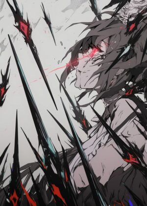 Anime Girl Surrounded by Blades: A Powerful Art Print - Premium Wooden Framed Poster. Ready to Hang.