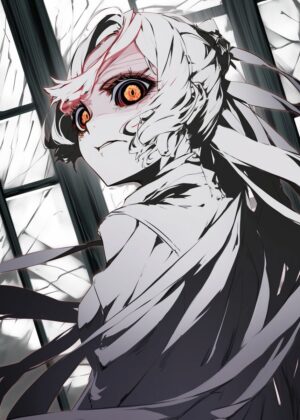 Anime Girl with Intense Eyes: A Captivating Digital Artwork - Premium Wooden Framed Poster. Ready to Hang.