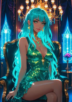 Radiant Aqua Beauty: Anime Girl in Emerald Gown - Premium Wooden Framed Poster. Ready to Hang.