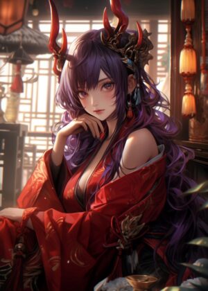 Anime Girl in Red Kimono: Elegant Fantasy Art Print - Premium Wooden Framed Poster. Ready to Hang.