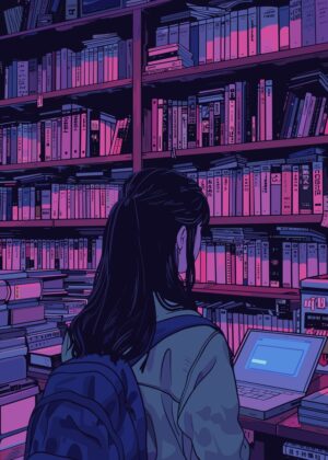 Girl in a Bookstore: A Nighttime Escape - Premium Wooden Framed Poster. Ready to Hang.