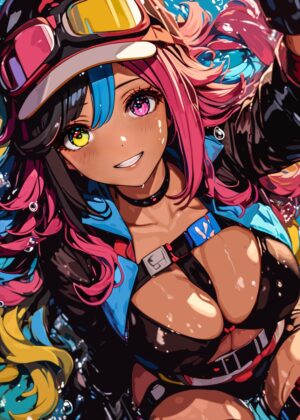 Vibrant Anime Girl with Pink and Blue Hair - Premium Wooden Framed Poster. Ready to Hang.