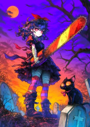 Chainsaw Girl in Graveyard: Halloween Artwork - Premium Wooden Framed Poster. Ready to Hang.