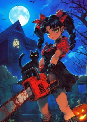 Gothic Anime Girl with Chainsaw Halloween Art Print - Premium Wooden Framed Poster. Ready to Hang.