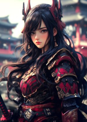 Anime Samurai Warrior Maiden: Digital Art Print - Premium Wooden Framed Poster. Ready to Hang.