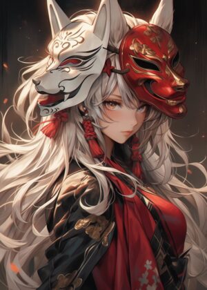Samurai Girl with Fox Masks: Anime Art Print - Premium Wooden Framed Poster. Ready to Hang.