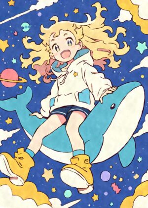 Kawaii Anime Girl and Whale in Space: A Whimsical Cosmic Adventure - Premium Wooden Framed Poster. Ready to Hang.