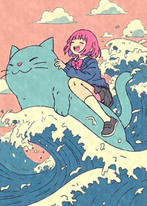Kawaii Anime Girl Riding a Giant Cat on a Wave - Premium Wooden Framed Poster. Ready to Hang.