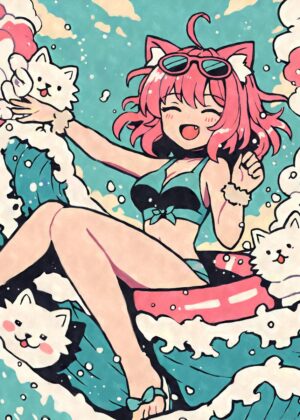 Kawaii Anime Cat Girl Summer Fun - Premium Wooden Framed Poster. Ready to Hang.