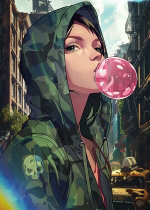 Bubble Girl: Urban Street Style Art Print - Premium Wooden Framed Poster. Ready to Hang.