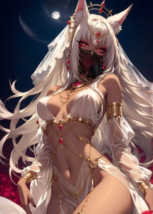 Elegant White-Haired Anime Woman Art Print - Premium Wooden Framed Poster. Ready to Hang.